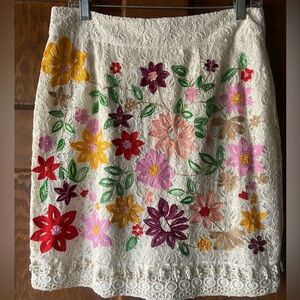ANTHROPOLOGIE Maeve Ayaka Lace Cream Embroidered Floral Skirt. Size 8